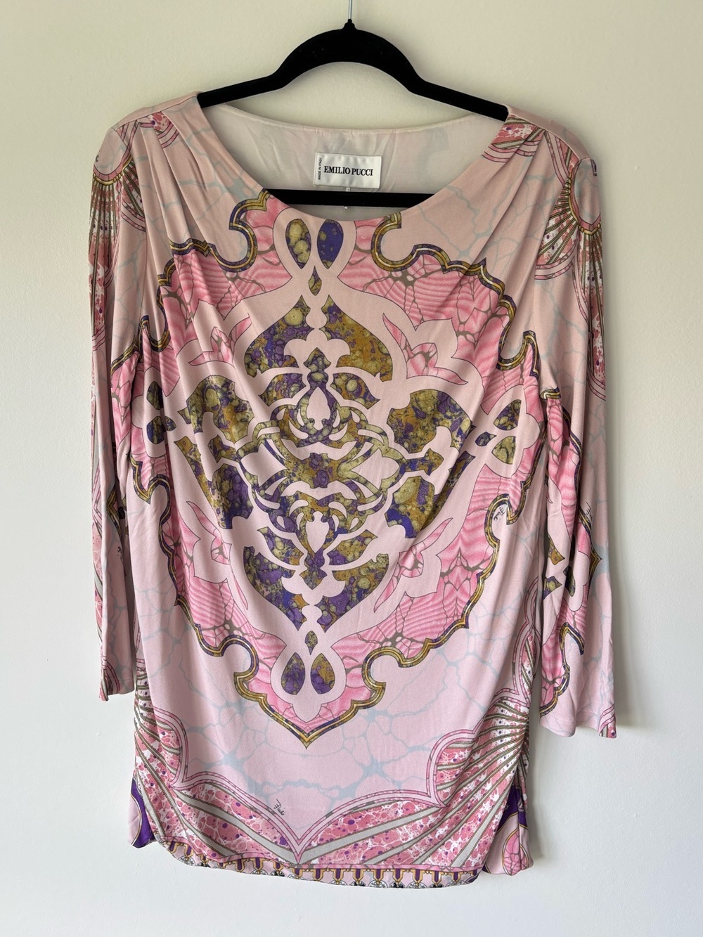 Emilio Pucci Pink Patterned Tunic Top 3/4 Sleeves Boat Neck Luxury Designer